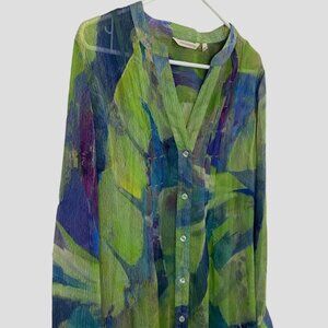 Soft Surroundings Tunic Camisole Set Green Blue Women's Medium Blouse Button Up